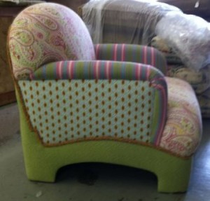 Multi-fabric overstuffed chair