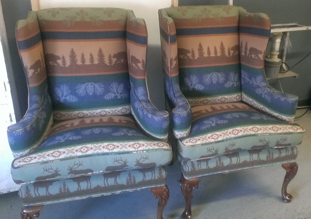 reupholstered cabin-themed wing chairs